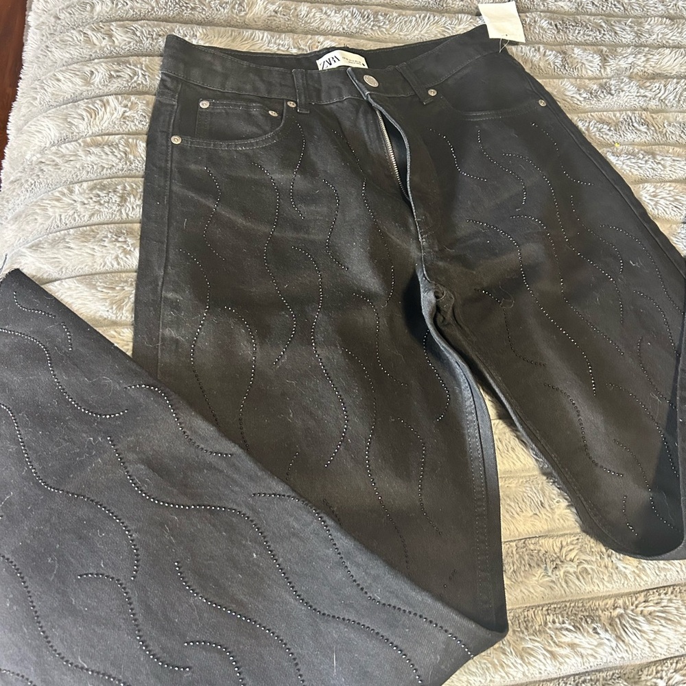 Zara Black Jeans  Swarovski crystals Solid Dark Wash Sz 8 NWT